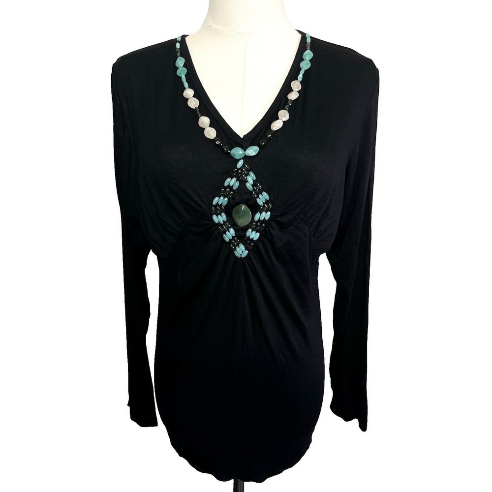 VTG Womens Beaded Necklace & Medallion Long Sleeve Top Size L‎  Black Soft EUC